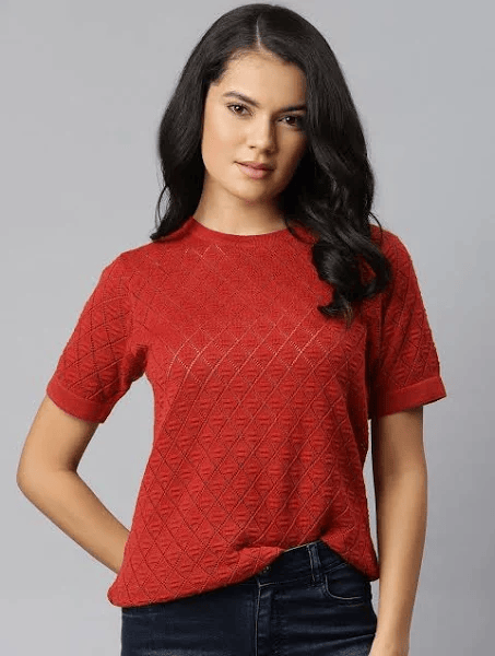 The Lifestyle Co Women Crochet Knit Maroon Pure Cotton Self Design Regular Top