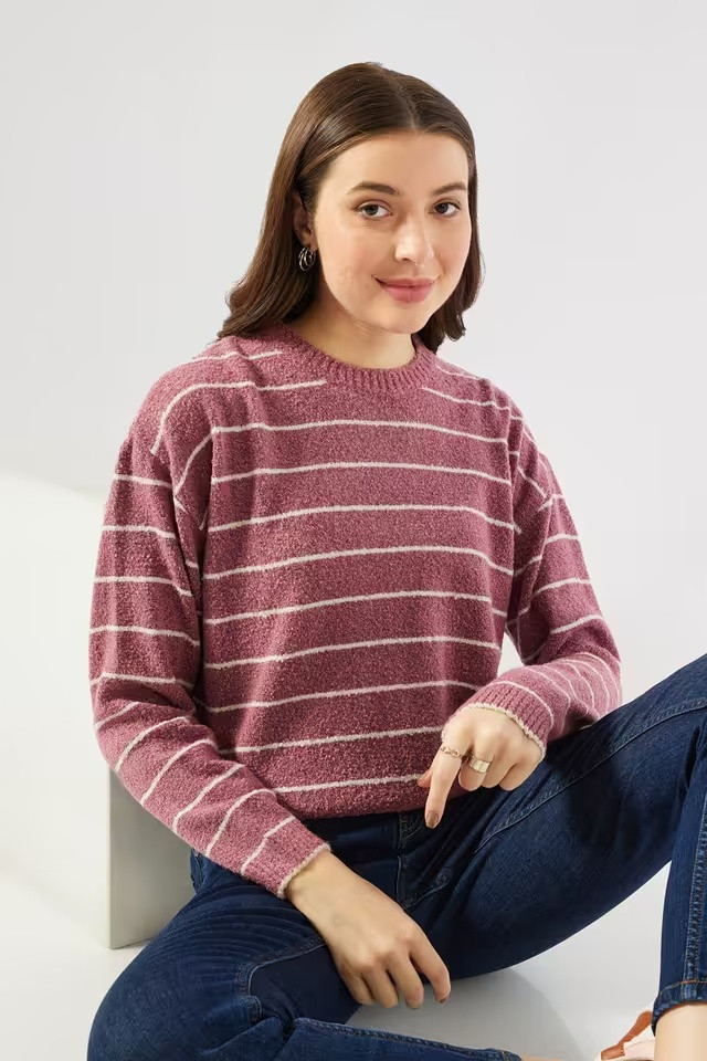 Stripes Round Neck Acrylic Women's Winter Wear Sweater