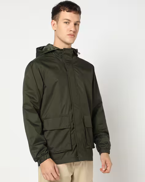 Men Regular Fit Hooded Windbreaker Jacket