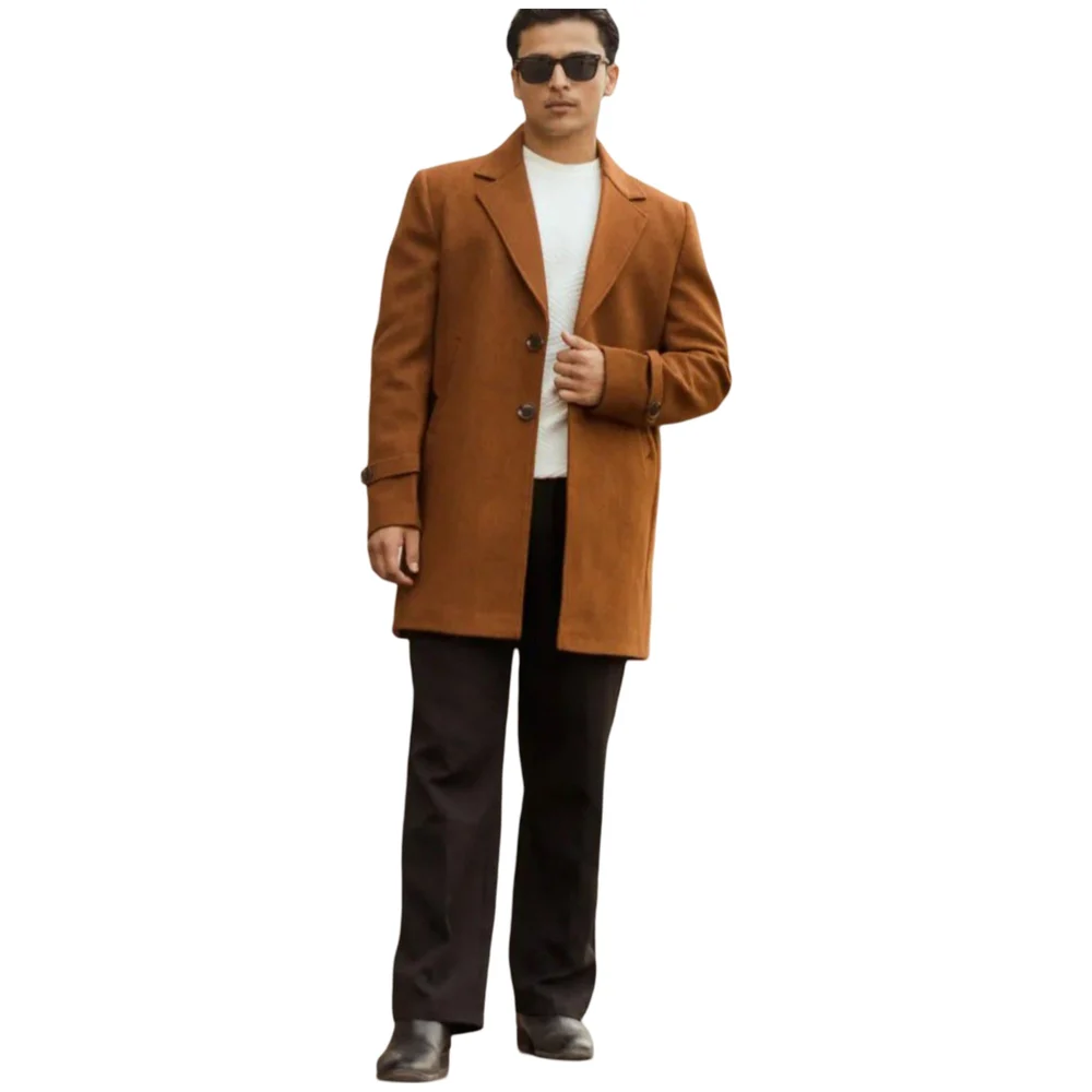 Plain Men Brown Wool Longline Overcoats